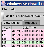 Screenshot showing the main window of Windows XP Firewall Log Viewer